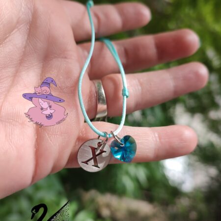 Гривна със сърчице Swarovski Blue Zircon AB и буквичка
