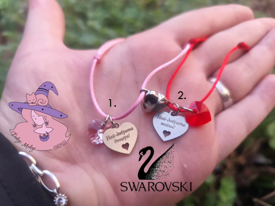Комлект за Майка и Дъщеря със Swarovski сърчица и магнит